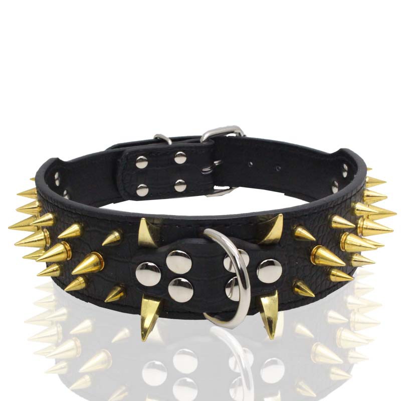 Black spiked dog collar with metal rivets for large dogs - heavy-duty studded leather collar for Pitbulls Rottweilers - AZPaws
