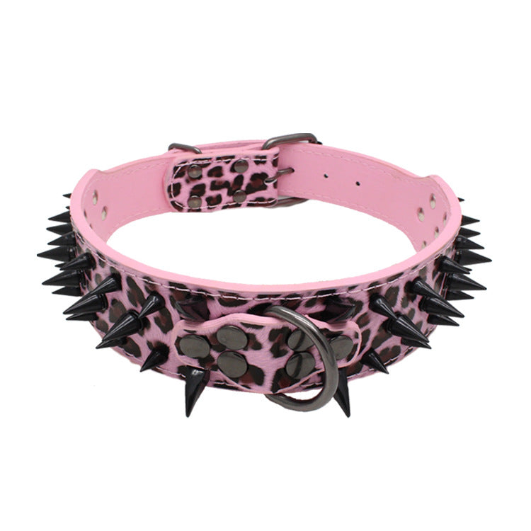 Pink leopard spiked collar for dogs - fashionable studded rivet collar for medium to large breeds - punk style - AZPaws