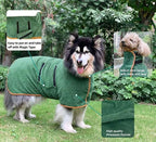 Blue microfiber dog bath wrap coat on husky drying after shower at home | AZPaws