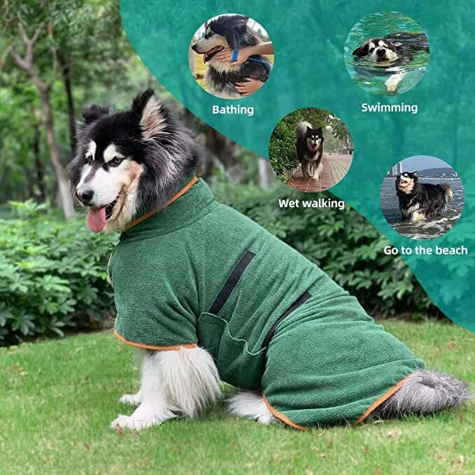 Full body pet drying robe for large dogs in green color after outdoor walk in rain | AZPaws