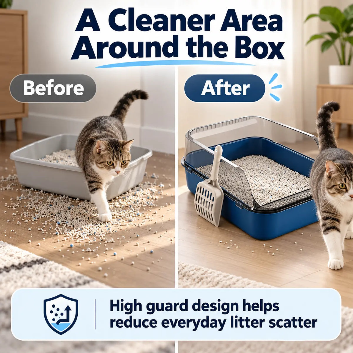 Before and after comparison of a standard litter tray with scattered cat litter and a high sided anti scatter cat litter box.