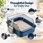 High sided cat litter box with splash guard and scoop beside a cat, highlighting reduced litter scatter and easy daily cleanup.