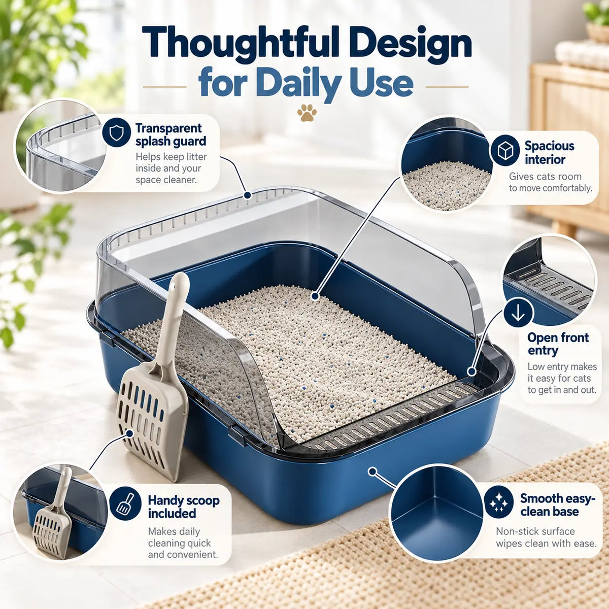 High sided cat litter box with splash guard and scoop beside a cat, highlighting reduced litter scatter and easy daily cleanup.