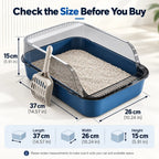 High sided cat litter box dimensions showing 37 cm length, 26 cm width and 15 cm height with transparent splash guard.
