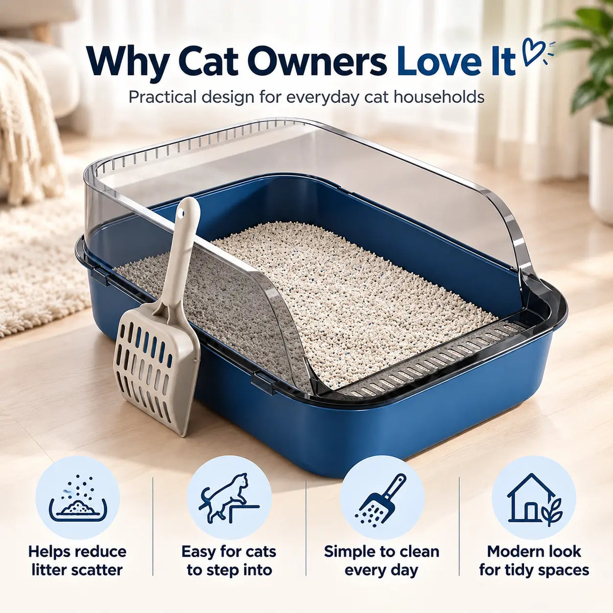 Open top cat litter box showing transparent splash guard, low front entry, smooth plastic base and included litter scoop.