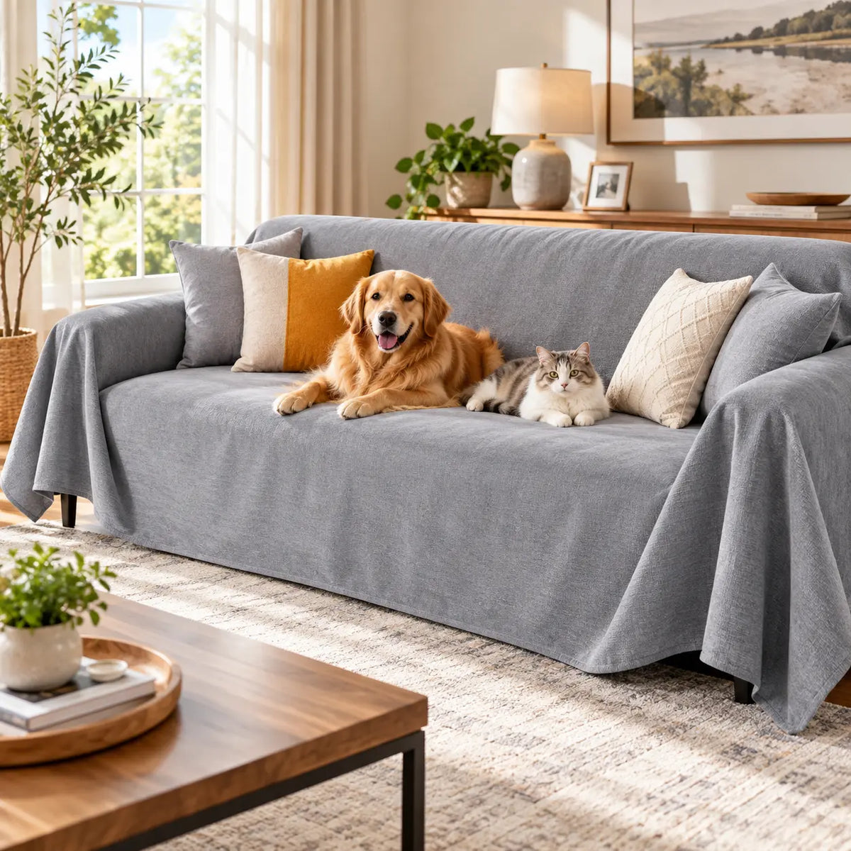Gray waterproof dog couch cover draped over a three-seat sofa with a golden retriever and cat relaxing in a modern living room.