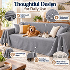 Waterproof pet sofa protector for dogs and cats showing full couch coverage, moisture protection and comfortable furniture-friendly fabric.