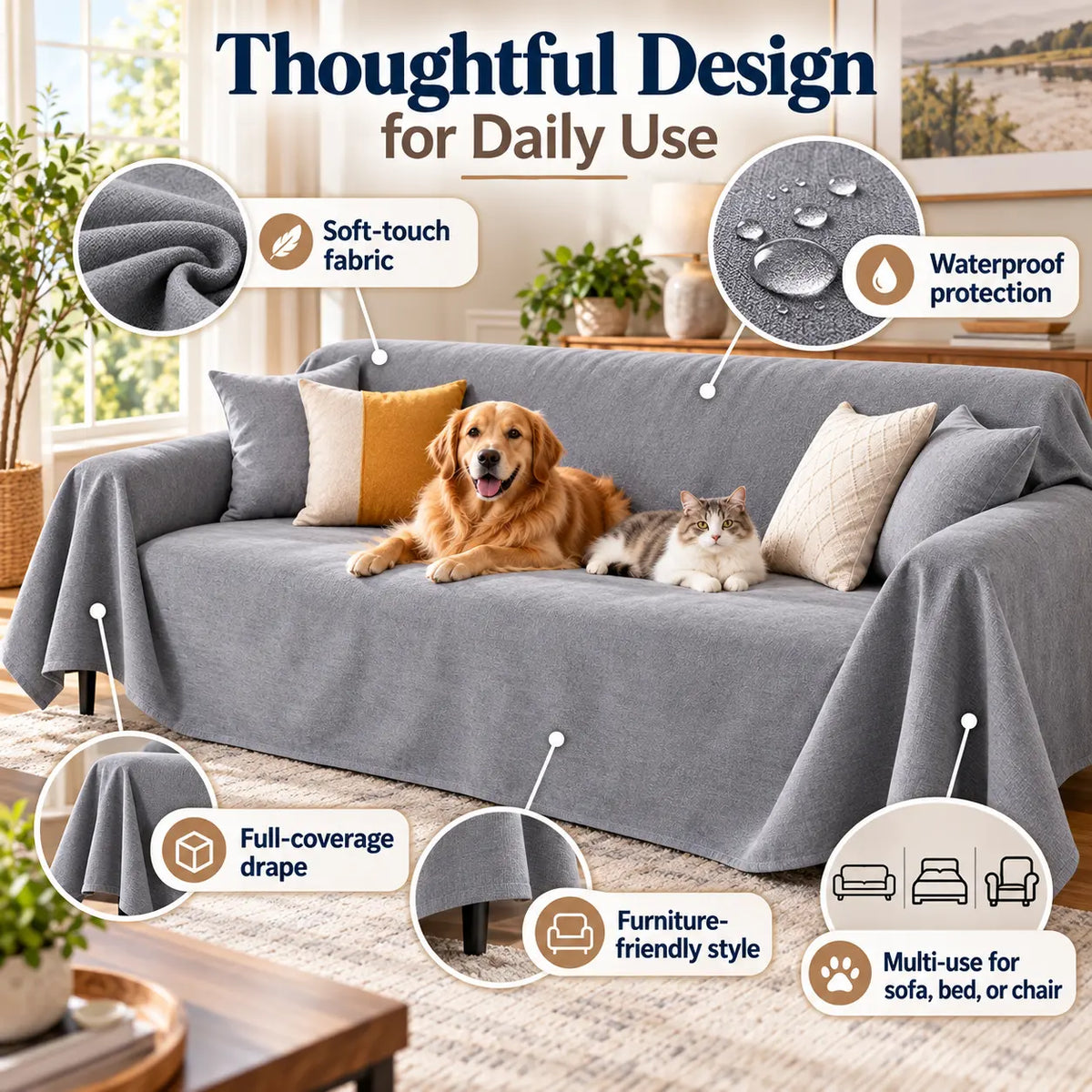 Waterproof pet sofa protector for dogs and cats showing full couch coverage, moisture protection and comfortable furniture-friendly fabric.