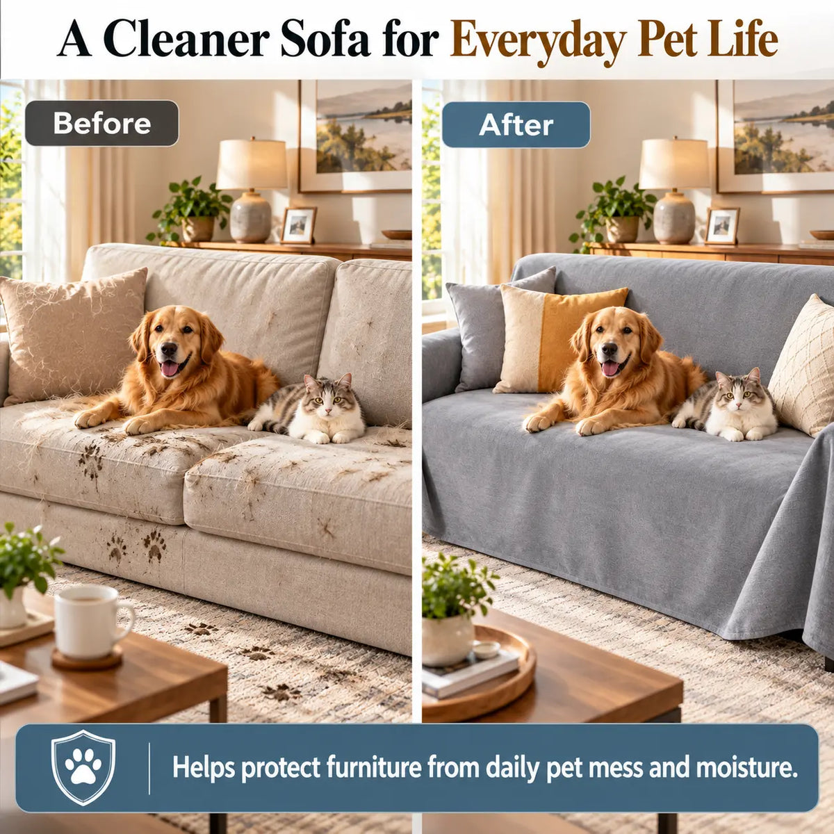 Before and after comparison of an unprotected sofa with pet hair and paw marks versus a clean couch with a gray waterproof pet furniture cover.