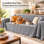 Golden retriever and tabby cat resting together on a soft gray waterproof sofa cover in a bright, pet-friendly living room.