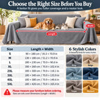 Waterproof dog couch cover size chart from S to 5XL with sofa measurements and six fabric color options for furniture protection.