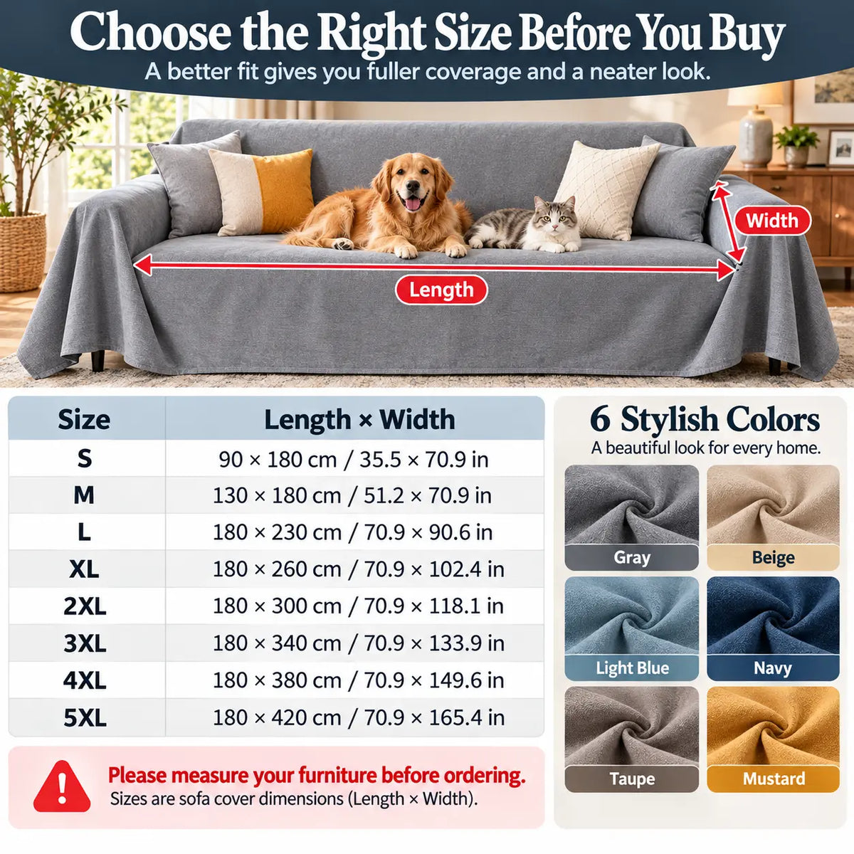 Waterproof dog couch cover size chart from S to 5XL with sofa measurements and six fabric color options for furniture protection.