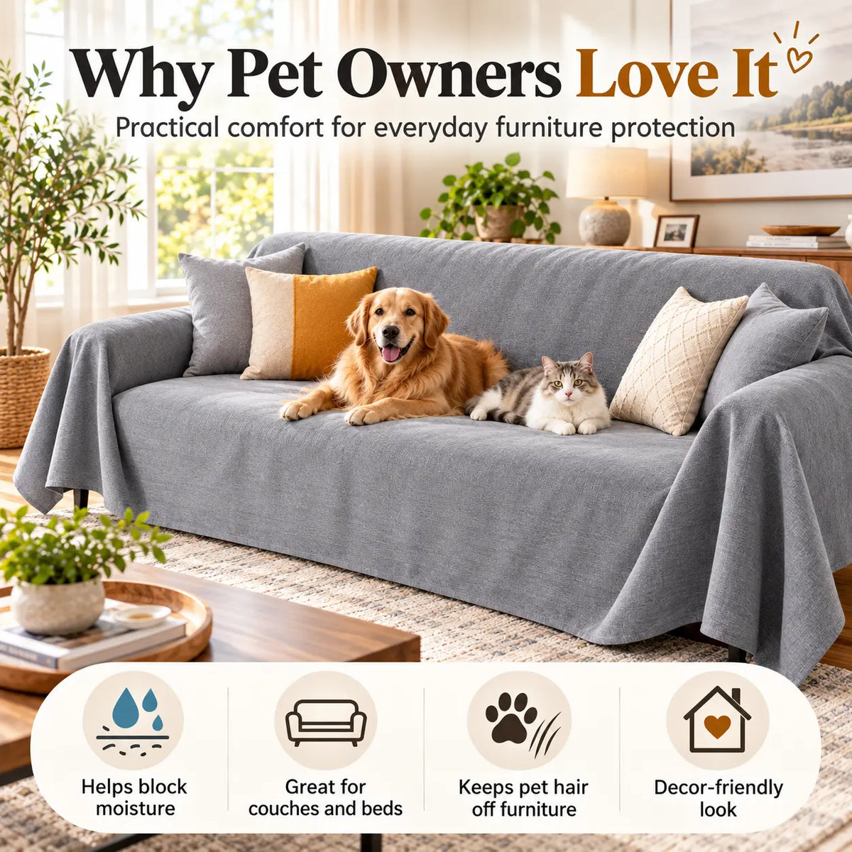 Gray waterproof sofa cover for pets with close-up callouts showing soft fabric texture, water droplets and full furniture coverage.