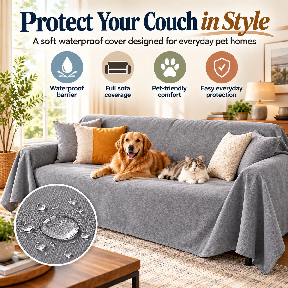 Gray waterproof pet couch protector with dog and cat on sofa highlighting moisture protection, pet hair containment and home décor style.