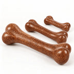 Three sizes of durable beef-flavored dog chew bone toys with a brown textured surface on a clean white background.