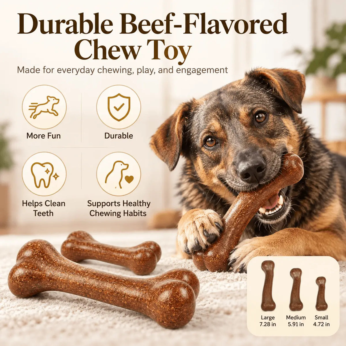 Dog chewing a beef-flavored durable dog bone toy with benefit callouts for play, durability and healthy chewing habits.