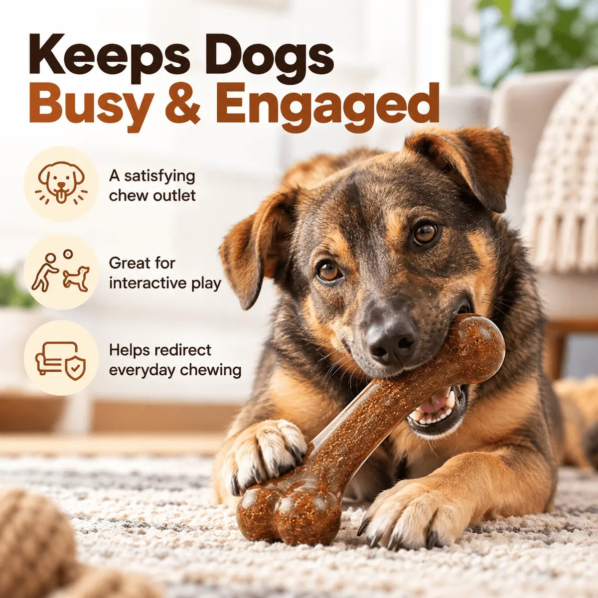 Brown and black dog holding a durable dog chew bone, illustrating interactive play and an everyday chewing outlet.