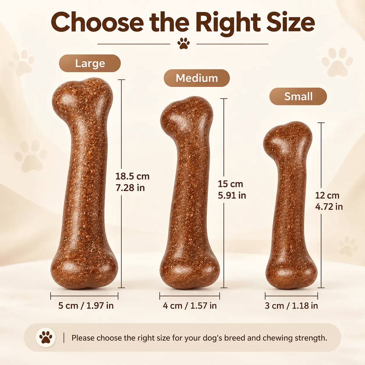 Durable dog chew bone size guide showing large 18.5 cm, medium 15 cm and small 12 cm beef-flavored toys with widths.