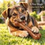 Dog chewing a textured brown chew bone with information about dental hygiene support and healthy chewing routines.