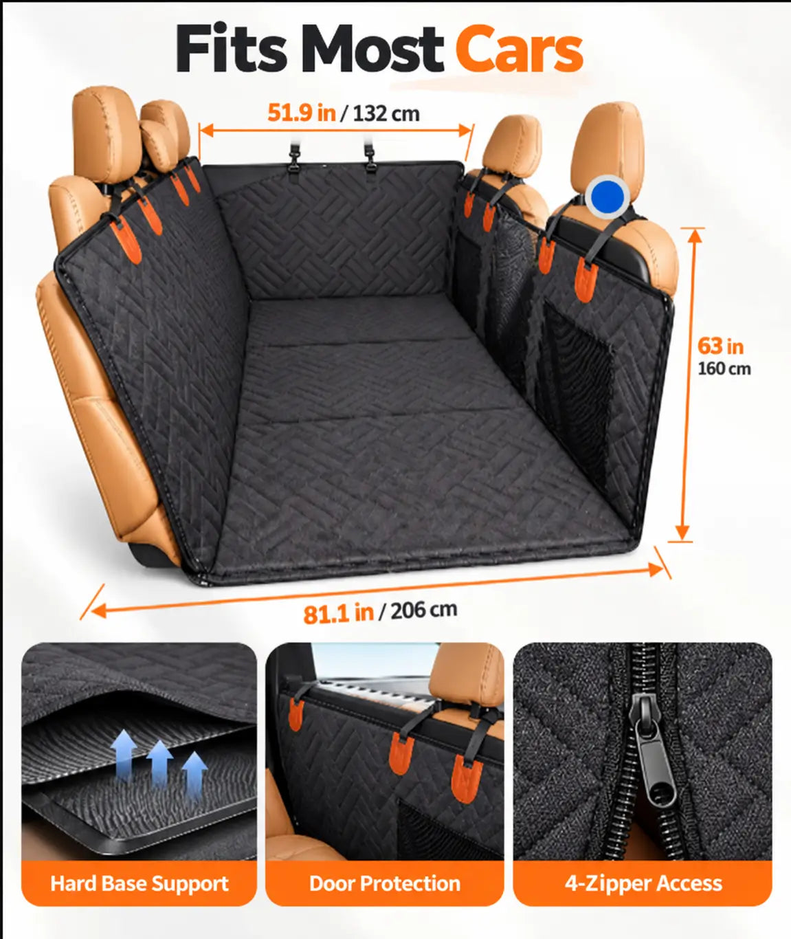 Hard base dog seat cover showing product specifications