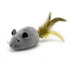 Gray plush mouse cat toy with feather tail for interactive play
