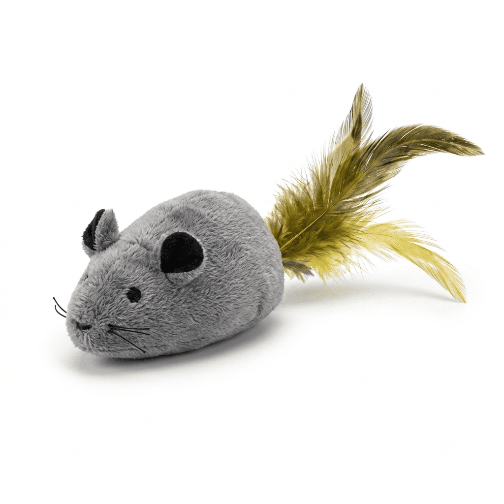 Gray plush mouse cat toy with feather tail for interactive play
