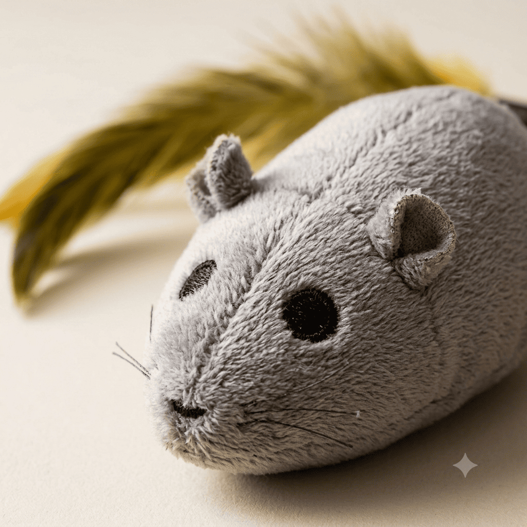 Close-up of plush mouse cat toy face and feathered tail detail