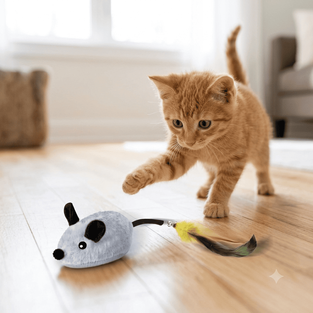 Orange tabby kitten pouncing on remote control moving mouse cat toy