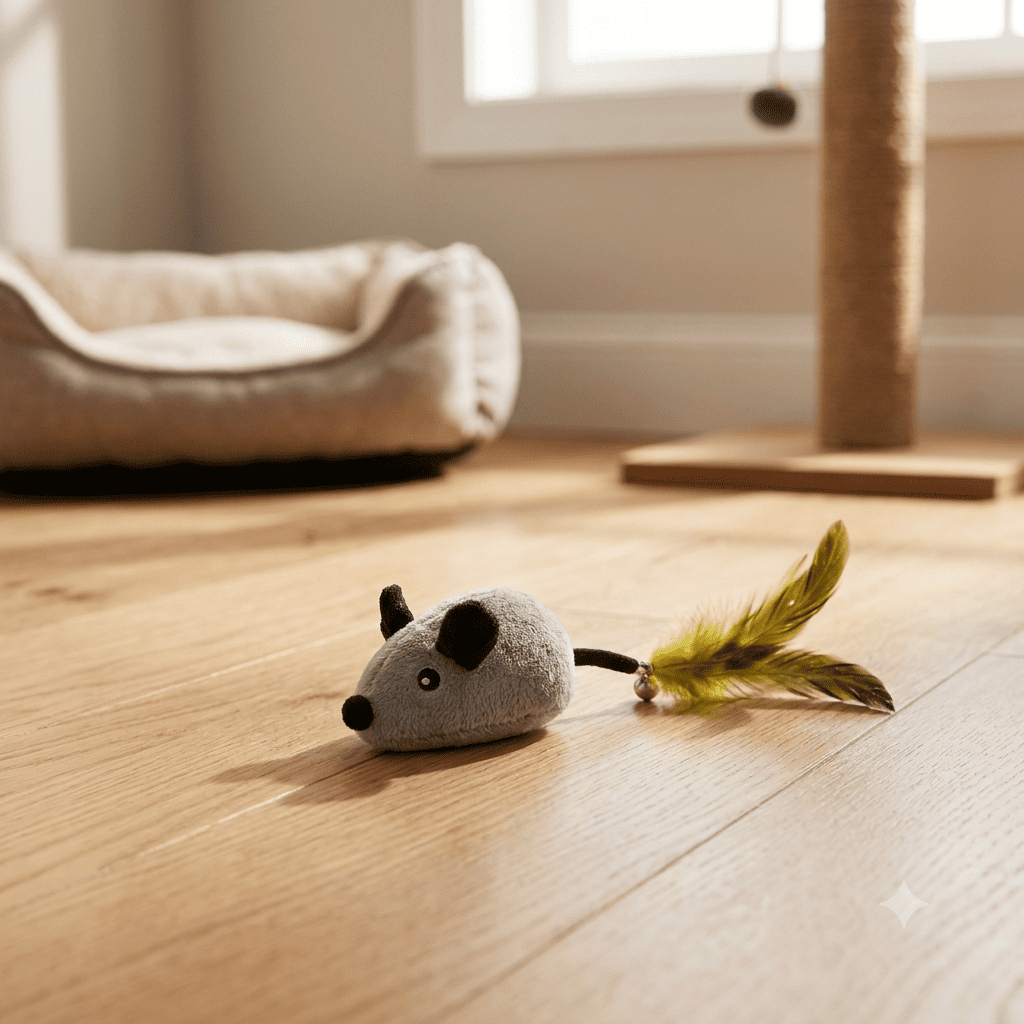 Automatic mouse cat toy on living room floor near scratching post