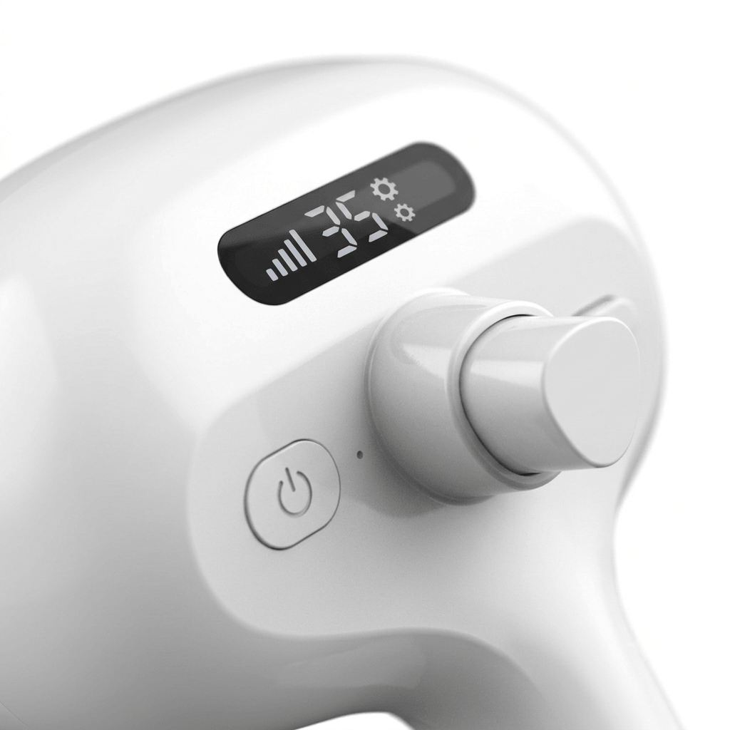 Close-up of LED battery indicator and mist dial on electric dog deshedding brush-AZPaws