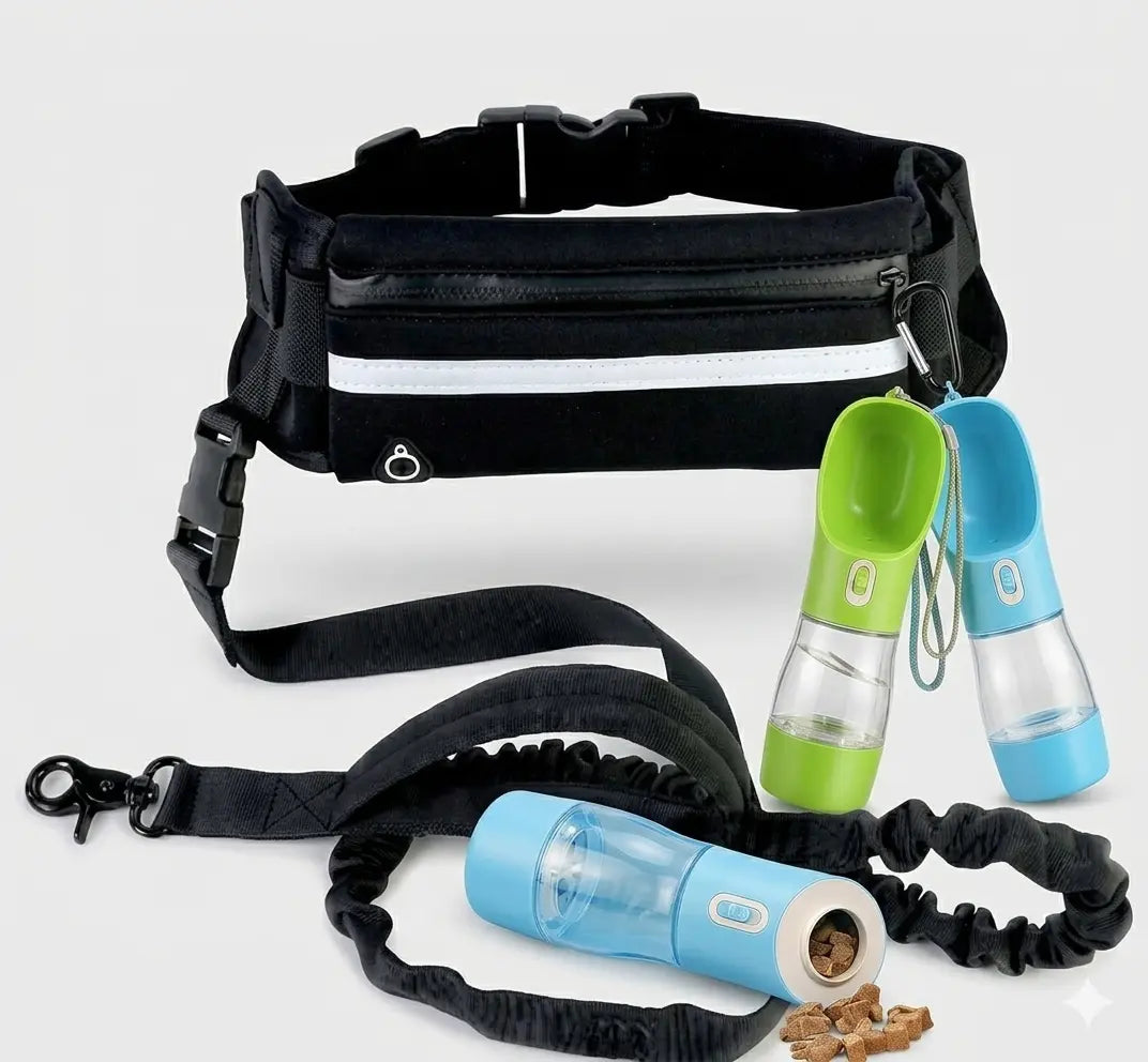 Black waist bag with pet accessories including a leash, water bottles, and treats on a white background