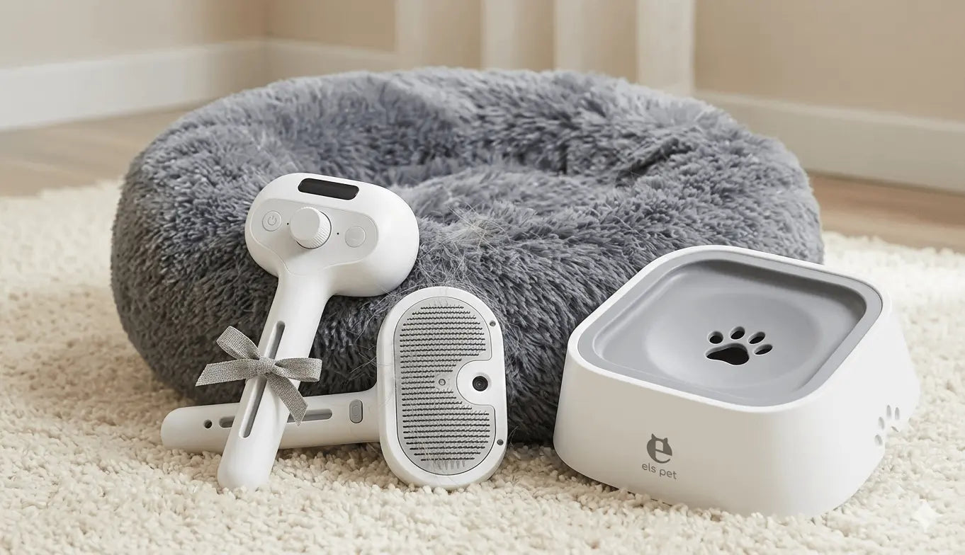 White electronic device with paw print design on a fluffy gray pet bed.