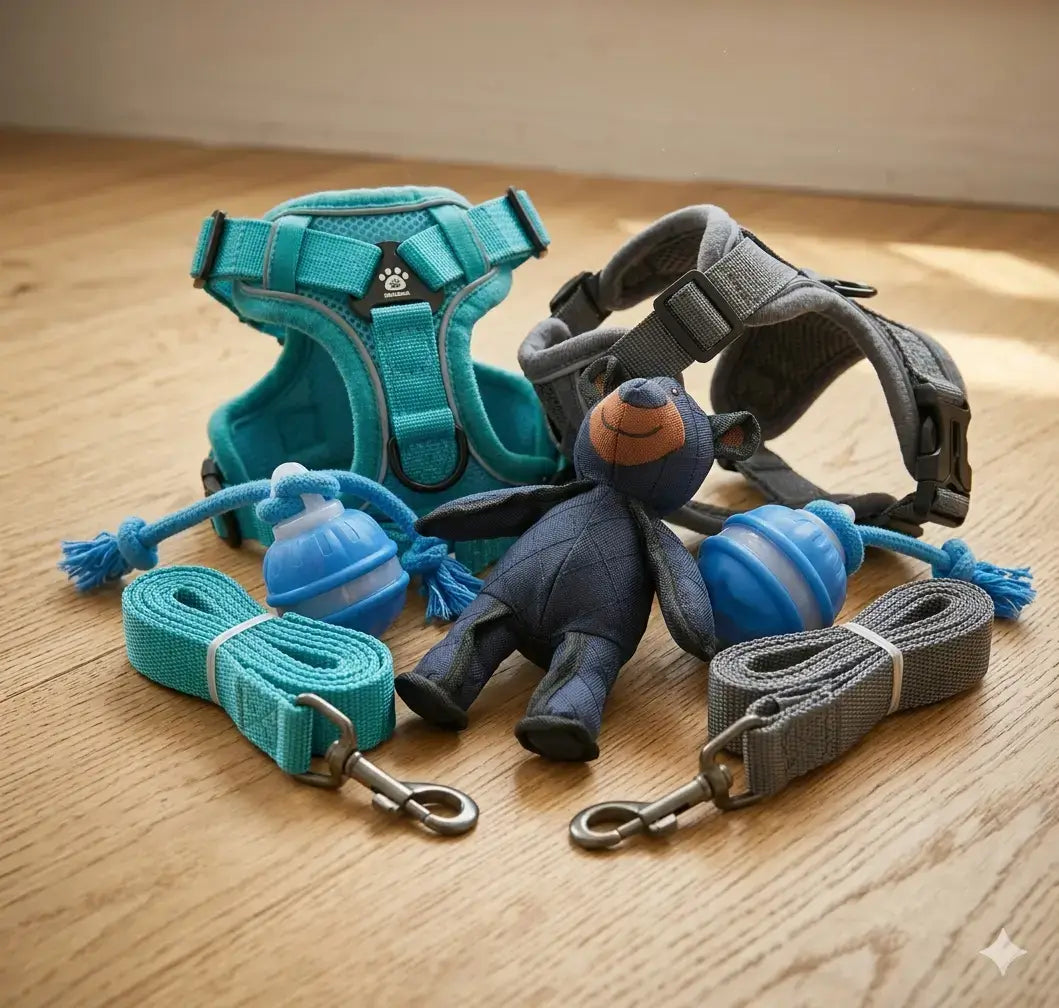 Dog harness, leashes, and toys on a wooden floor-AZPaws