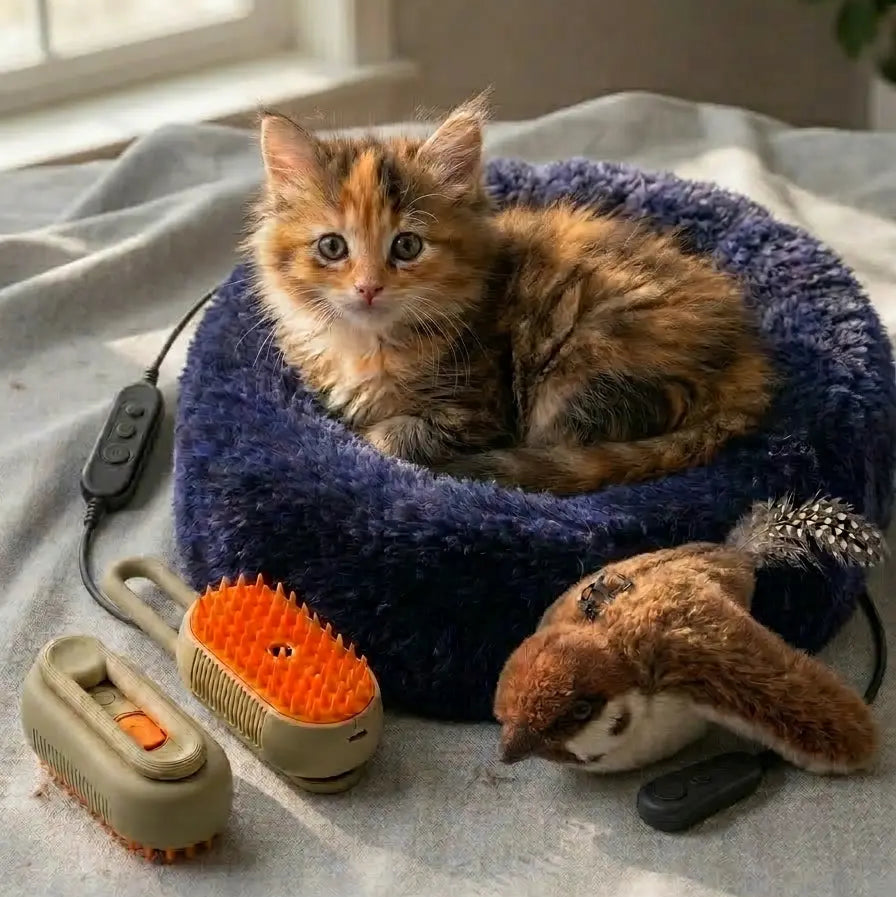 Cat lying in a blue pet bed with grooming tools and a toy on a light-colored blanket.