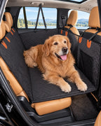 Golden Retriever in a car with a dog seat cover with hard and strong base