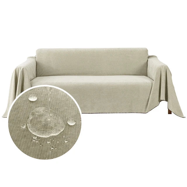 Khaki waterproof dog couch cover draped over a three-seat sofa
