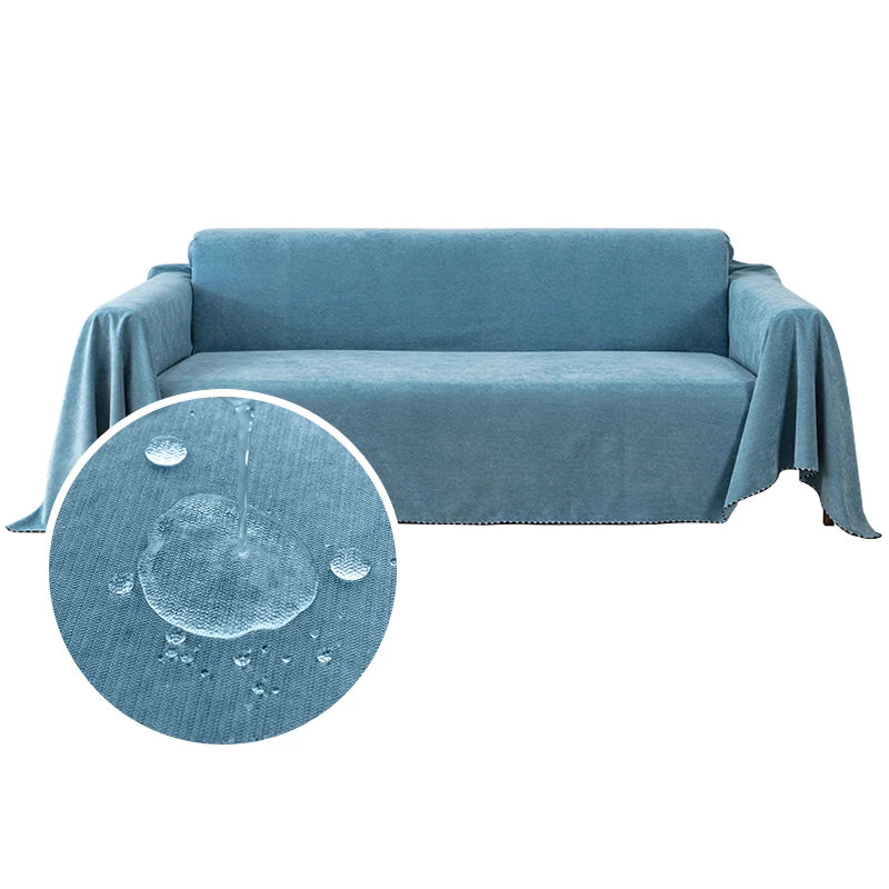 Blue waterproof dog couch cover draped over a three-seat sofa