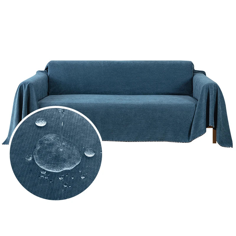 Navy waterproof dog couch cover draped over a three-seat sofa