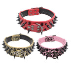Three spiked dog collars in red, black, and pink with gold accents on a white background.-AZPaws