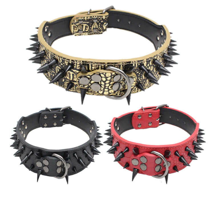 Three spiked dog collars in black, red, and gold on a white background-AZPaws