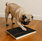 Dog using a dog nail scratch board for at-home nail filing and regular nail care