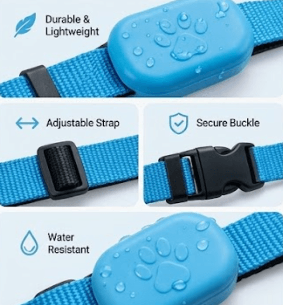 Close-up of GPS pet tracker collar with adjustable strap and secure buckle