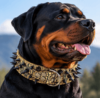 Rottweiler wearing a gold and black spiked dog collar with metal studs
