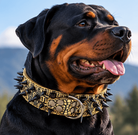 Rottweiler wearing a gold and black spiked dog collar with metal studs
