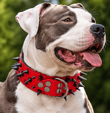 Pit Bull wearing a red spiked dog collar with black spikes and metal studs