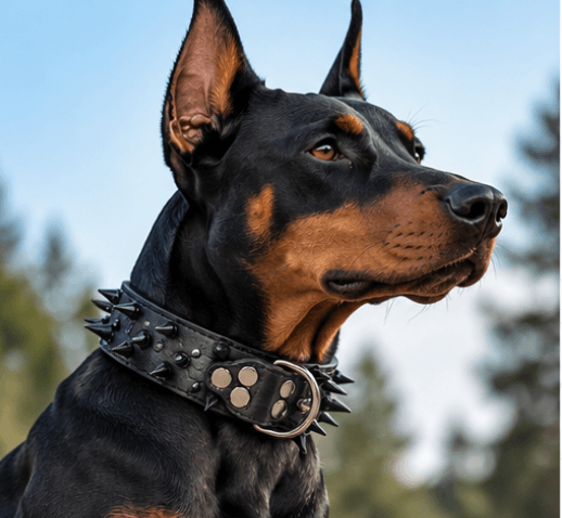 Doberman wearing a black spiked dog collar with metal spikes and buckle