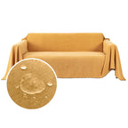 Yellow waterproof dog couch cover draped over a three-seat sofa