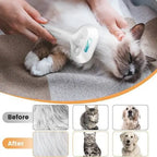 Person grooming a cat with a pet grooming tool, showing before and after images of fur.
