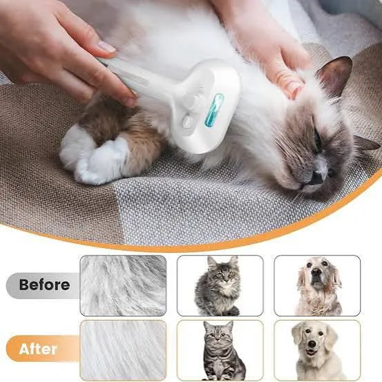 Person grooming a cat with a pet grooming tool, showing before and after images of fur.