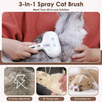 3-in-1 Spray Cat Brush being used on a cat with additional images of fur issues and pets.